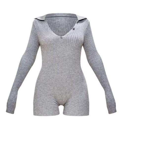 Prettylittlethings Charcoal Soft Rib Long Sleeve Button Romper SZ‎ 10 NWT IN PKG - Picture 3 of 5